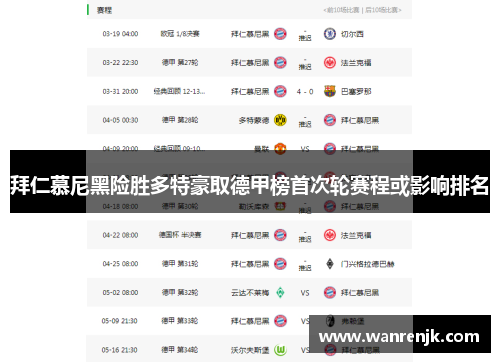拜仁慕尼黑险胜多特豪取德甲榜首次轮赛程或影响排名